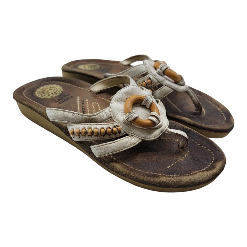 Earth Shoe Pueblo Sandals Womens Sz  7 Beaded Leather Comfort White Gelron 2000